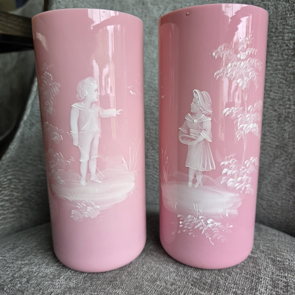 Pretty Antique Mary Gregory Pink Opaline Raised Design Boy And Girl Glass Vases